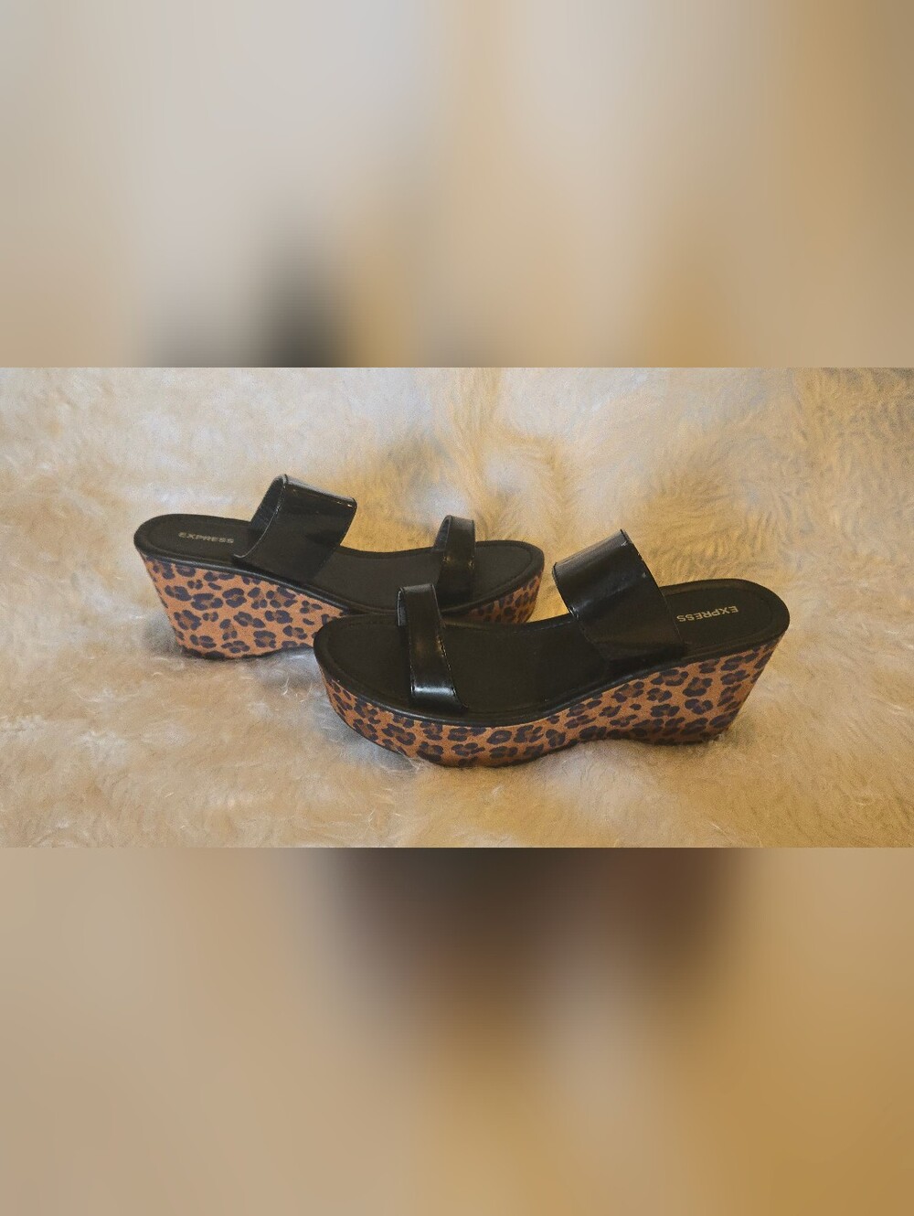 Express Women's Black Double-Strap Wedge Sandals with Leopard Print Slip On 8